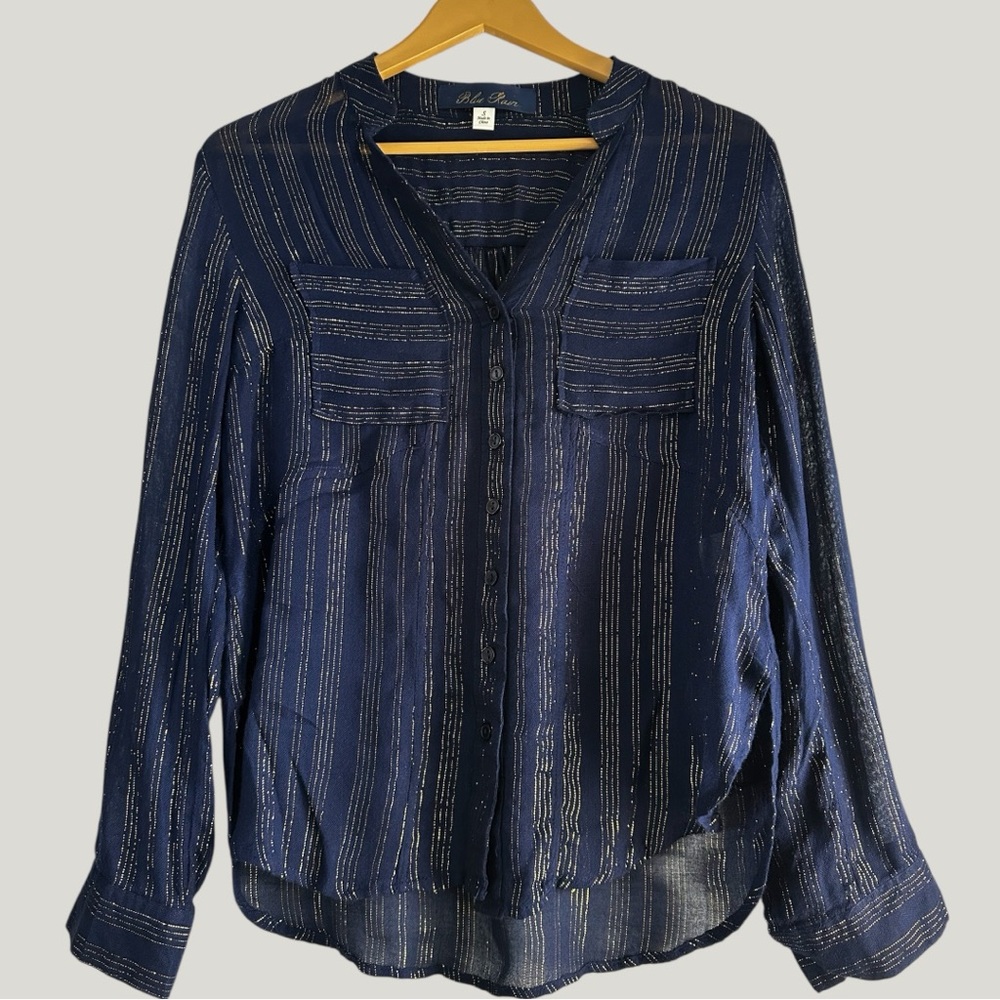 Navy Blue Metallic Striped Button-Down Blouse